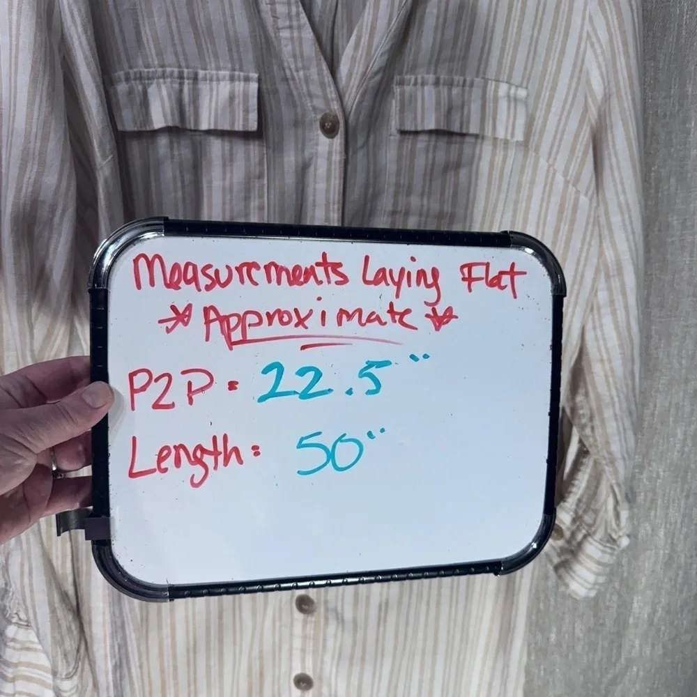 New York & Company Linen/Viscose Striped beige cream button up shirt dress Large - Picture 2 of 10